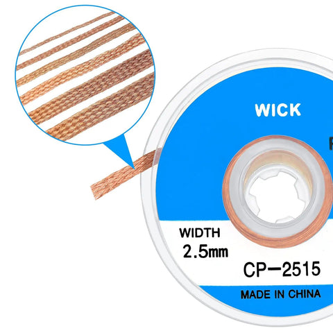 Close-up of braided copper solder wick roll labeled 2.5mm for electronics repair, part of Six Piece Solder Wick Braided No Clean Desoldering Wicks Set 0.04 Inch 0.05 Inch 0.07 Inch 0.1 Inch 0.12 Inch 0.14 Inch 5 Feet Each Multi Color For Electronics Repair PCB Boards And Component Removal