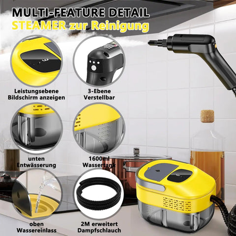 Brand New Handheld Steam Cleaner With Adjustable 3-Level Pressure Settings And One Point Six Qt Tank For Fast Cleaning, featuring control screen and 1600ml tank.
