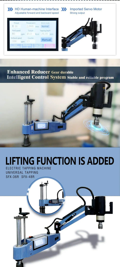 Heavy Duty Electric Tapping Machine With 1200mm Art Arm, M6 To M36 Thread Capability, 125 Rpm Speed with HD interface and servo motor.