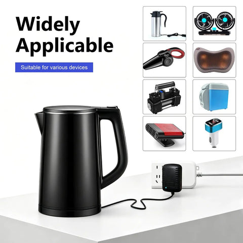 Boss Level Plug And Play Car AC To DC Power Converter 110 To 240V To 12V 24W Transformer Adapter with kettle and various devices.