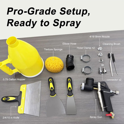 Zero Sweat Drywall Renovation With This Heavy Duty Texture Spray Gun Kit Featuring Three Swappable Nozzles, pro-grade setup with hopper, nozzles, and tools.
