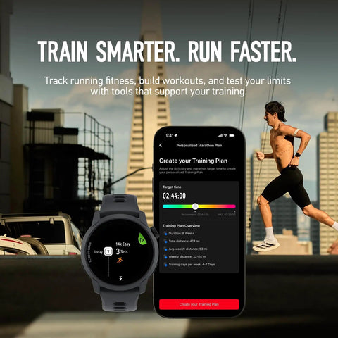 PACE 4 Ultralight Sport GPS Watch With 1.2 Inch AMOLED Screen, 19 Days Battery Life, Voice Features displayed during a run.