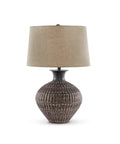 Magan 285 Textured Bronze Metal Table Lamp With Antique Brown Finish and Fabric Drum Shade, ideal for modern and classic decor.