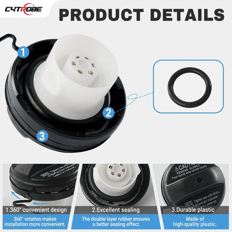Toyota Fuel Tank Filler Cap Replacement For 2002 To 2009 Corolla Camry Sienna Solara 4Runner Highlander Sequoia Tundra Lexus ES300 GS300 GS430 GX470 Scion TC Premium Waterproof Durable Easy Install Click Lock with white plastic interior and black seal.