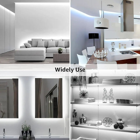 32.8 Foot Dimmable LED Strip Light With 600 High Brightness 2835 LEDs Daylight White 6000K installed in modern home settings