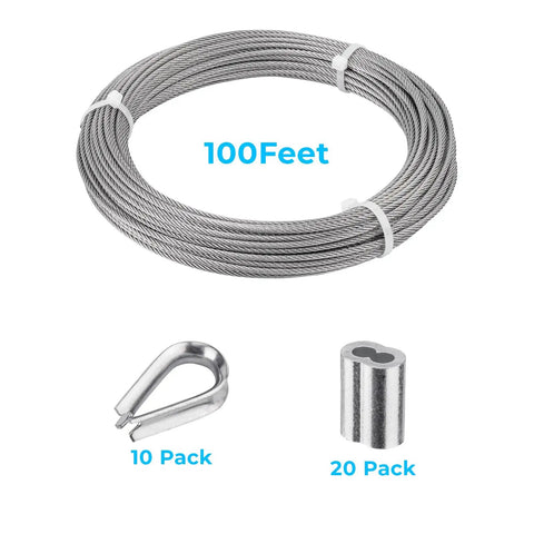 One Eighth Inch Wire Cable 100 Feet Marine Grade Stainless Steel Rope With Loop Sleeve And Steel Thimble 7x7 Strand Kit