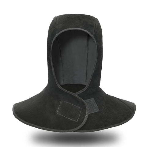 Flame Retardant Welding Hood With Neck Drape Leather Cap For Head, Eye And Neck Protection, durable, heat resistant, black.