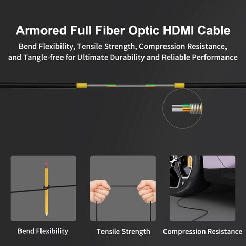 Detailed view of Badass Detachable Full Fiber Optic HDMI 2.1 Cable Featuring Tough Armored Jacket showcasing bend flexibility and tensile strength.