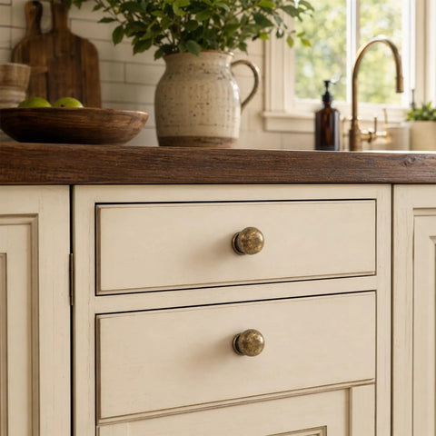 8 Piece Antique Brass Cabinet Knobs Set on kitchen drawers with sleek round zinc alloy design, easy installation
