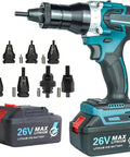 No Strings Attached Cordless Rivet Nut Gun Set With Built In Led Light And Beefy 26 Volt Battery For M3 Through M12 Blind Riveting Go Anywhere Power Tool Kit Pro Grade with battery and 8 nut inserts.