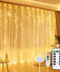 300 LED Dimmable Fairy String Lights With Remote And Timer USB Powered Warm White Indoor Decor For Room Wall Party Xmas With Eight Modes And Memory Function hanging on curtain with remote shown