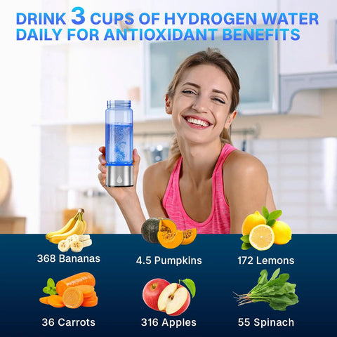 Woman holding Portable Hydrogen Water Bottle Generator With Rechargeable Battery, On The Go Ionizer Using SPE PEM Technology