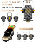 15W Fast Wireless Car Charger Mount with Auto Clamping for iPhone 16 15 14 13; showing locking mechanism in action