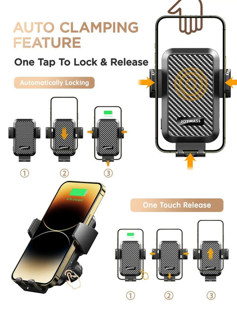 15W Fast Wireless Car Charger Mount with Auto Clamping for iPhone 16 15 14 13; showing locking mechanism in action