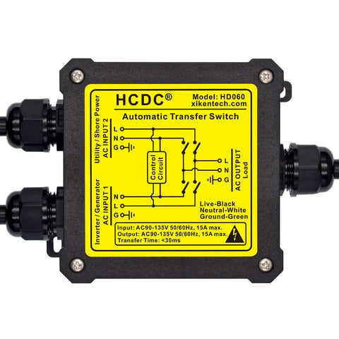 Front view of 15 Amp 120V Automatic Transfer Switch ATS Inline Relay For Home Backup Power with wiring diagram and connectors.