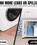 Washer And Dryer Pedestal 29 Inch Wide 16 Inch High White Steel Universal Fit With Major Brands Leak Proof Drain Pan shown preventing leaks