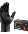ANBOSON 10-mil diamond-textured black nitrile gloves with box, front view.