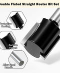 Double Fluted Straight Cut Router Bit Set with 1/4 Inch Shank 6 Piece Carbide Tipped, showing protective coating and carbide tip
