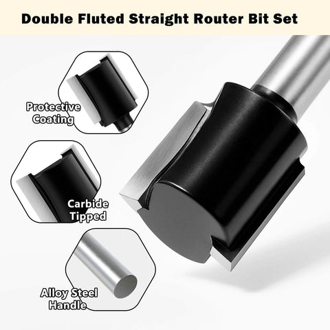 Double Fluted Straight Cut Router Bit Set with 1/4 Inch Shank 6 Piece Carbide Tipped, showing protective coating and carbide tip