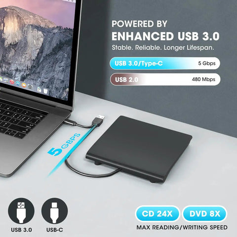 External CD DVD Drive For Laptop And Mac With Case USB 3 Type-C Plug And Play For Reading Burning And Watching CDs And DVDs On The Go Wide Compatibility Compact Portable Design on laptop