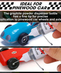 Applying 4 Pack Graphite Powder For Pinewood Derby Cars, 0.5oz Each With Needle Tip And Cleaning Brushes, Dry Lubricant