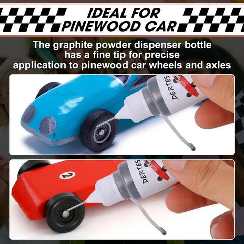 Applying 4 Pack Graphite Powder For Pinewood Derby Cars, 0.5oz Each With Needle Tip And Cleaning Brushes, Dry Lubricant