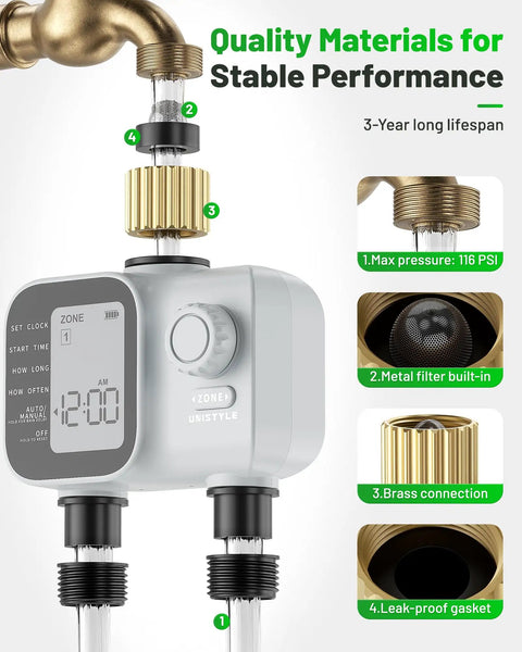 Heavy Duty Two Zone Sprinkler Timer With Brass Inlet For Garden Hose displaying features like brass connection and digital display.
