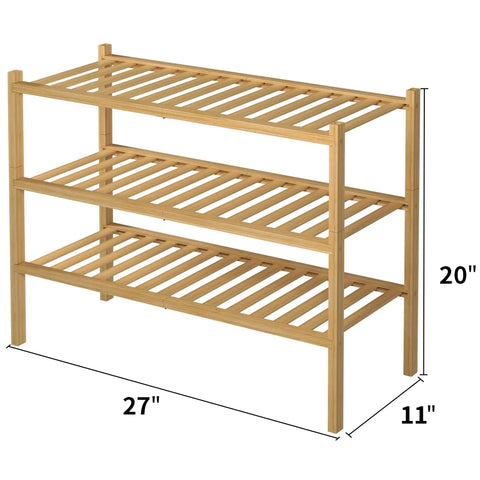 Built Tough 3 Tier Bamboo Shoe Rack, Heavy Duty Freestanding Entryway Shelf For Closets Or Tiny Rooms, No Fuss Natural Wood Storage Rack With Deep Shelves 27X11X20
