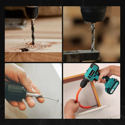 Brushless 21V Cordless Drill Kit with Three Eighths Inch Keyless Chuck 300 InLb Torque shown in woodworking and home use