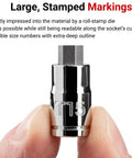 Close-up of T15 socket showing large stamped markings from the One Quarter Inch Drive Long Torx Bit Socket Set With Rail 10 Piece.
