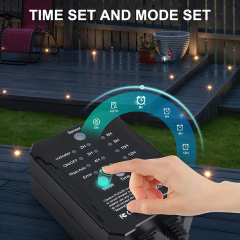 Hand adjusting settings on control panel for Smooth Dimmable LED Deck Lights With Timer And Photocell Sensor, 20 Pack Recessed Light Kits.