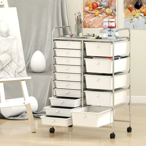 Grab-And-Go 15-Drawer Rolling Utility Cart With Lockable Wheels, Metal Frame Mobile Storage Trolley for classroom use