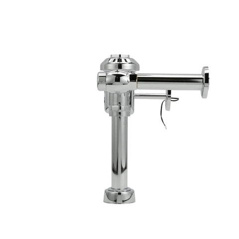 Heavy Duty Exposed Hardwired Sensor Flush Valve With No Hassle Wiring And Tough As Nails Diaphragm For Commercial Restrooms And 1 28 Gallons Per Flush Chrome side view with shiny chrome finish.