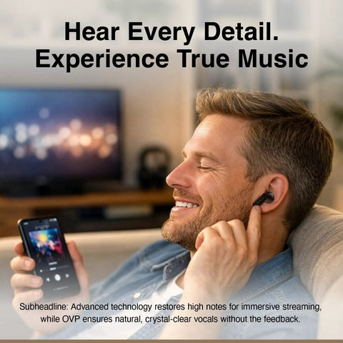Man enjoying music using F1P Bluetooth OTC Hearing Aids For Seniors And Adults With Hearing Loss Featuring AI Voice Enhancement.