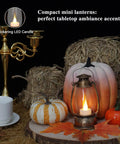 12-Pack Bronze Mini Lanterns With Remote Control, 5.1 Inch Tall Vintage Western Lantern on table with pumpkins and hay