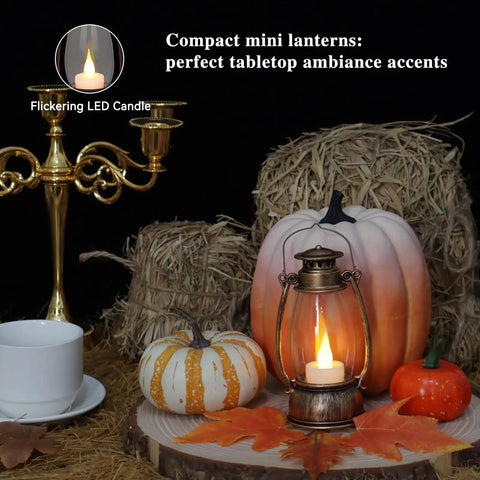 12-Pack Bronze Mini Lanterns With Remote Control, 5.1 Inch Tall Vintage Western Lantern on table with pumpkins and hay