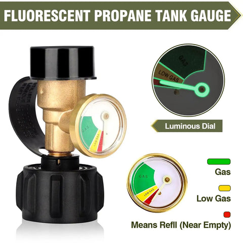 Propane Tank Gauge With Color Coded Dial Level Indicator And Leak Detector For Quick Gas Checks No Guesswork Universal Fit 5lb To 40lb LP Tanks With QCC1 Type 1 Connection, brass gauge with luminous dial