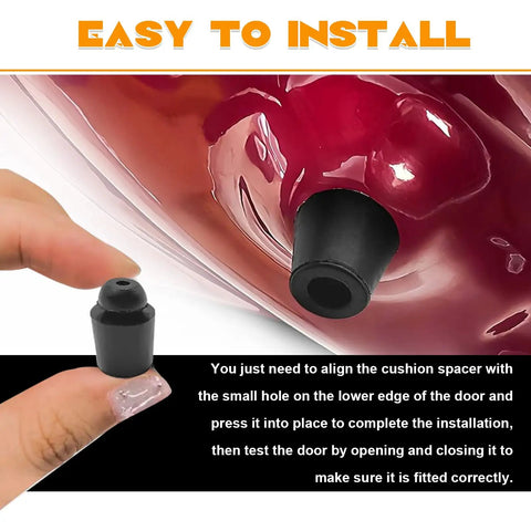 Tough As Nails Rubber Door Buffer Pads 10 Pack Auto Front Rear Shock Absorber Cushions being installed in a car door.
