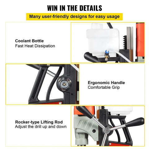 Heavy Duty 1200W Magnetic Drill Press With 40mm Capacity showing ergonomic handle, coolant bottle, and rocker-type lifting rod for easy use.