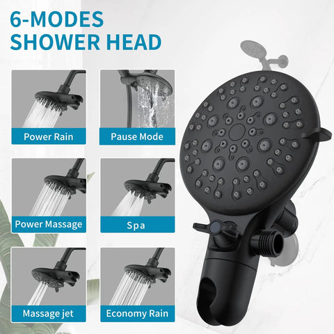 Close-up of matte black shower system with 2-in-1 rainfall head and handheld, highlighting 6 spray modes for Modern Bathroom Upgrade.