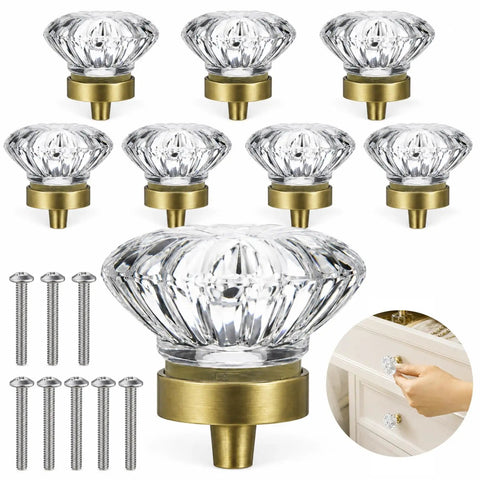 Slick 1.38 Inch Flower Shape Crystal Cabinet Knobs With Heavy Duty Solid Brass Base, 8 pack, designed for kitchen cupboards and dressers.