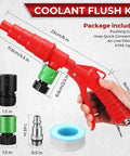 Heavy Duty Coolant Flush Gun Kit With Garden Hose Coupler And Air Line Splitter showing red flushing gun and connectors dimensions.