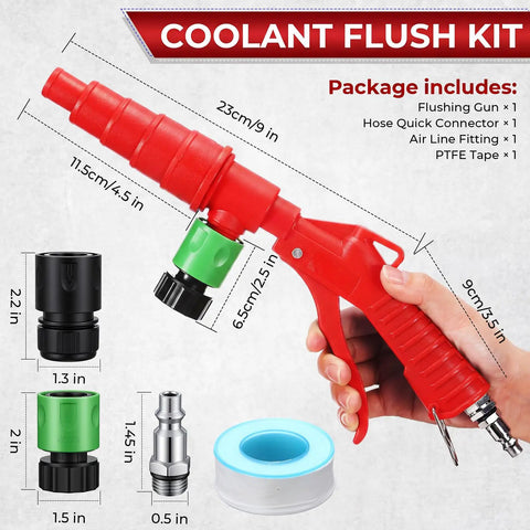 Heavy Duty Coolant Flush Gun Kit With Garden Hose Coupler And Air Line Splitter showing red flushing gun and connectors dimensions.