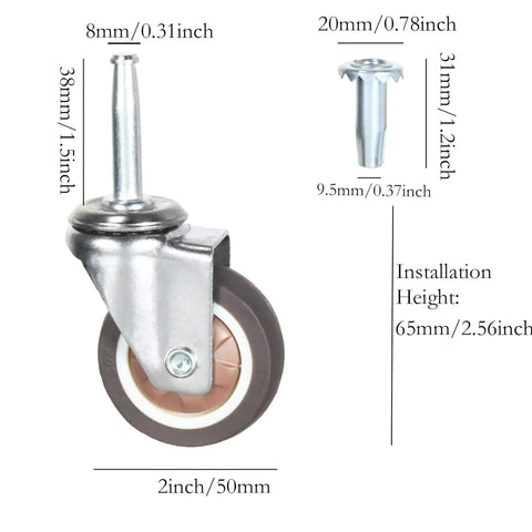 Stem Caster Wheels With 5/16 Inch By 1-1/2 Inch Stem Sockets TPR Swivel Casters for carts, furniture, 2-inch specification view