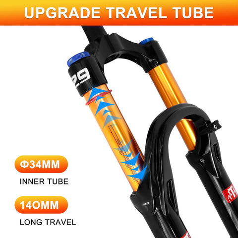 Close-up of gold Air Suspension Front Fork For MTB 26 27.5 29 Inch With Upgraded 34mm Stanchions, 140mm Travel, Rebound Adjust