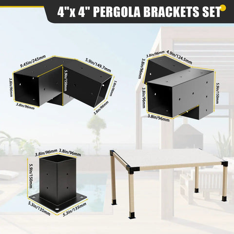 4x4 Woodworks Pergola Brackets Kit with 15 Degree Three Way Brackets, 75 Degree Three Way Brackets, and Four Posts