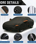 Image of Six Layer Heavy Duty Car Cover Waterproof All Weather Protection With Cotton Liner Exterior Outdoor Cover For Sun Rain Snow UV Protection Fits Sedan 186 To 193 Inches showing features like double stitching, waterproof coating, soft cotton liner, elastic hem, windproof straps, and driver door zipper.