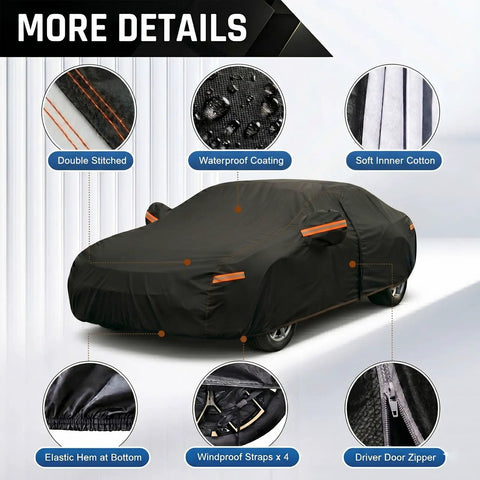 Image of Six Layer Heavy Duty Car Cover Waterproof All Weather Protection With Cotton Liner Exterior Outdoor Cover For Sun Rain Snow UV Protection Fits Sedan 186 To 193 Inches showing features like double stitching, waterproof coating, soft cotton liner, elastic hem, windproof straps, and driver door zipper.