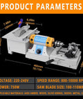 Badass Mini Table Saw With Bench Grinder Capabilities Delivering 750 Watt Motor Plus Smooth Variable Speed Control, showing dimensions and features.