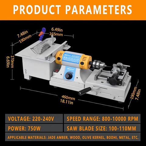 Badass Mini Table Saw With Bench Grinder Capabilities Delivering 750 Watt Motor Plus Smooth Variable Speed Control, showing dimensions and features.